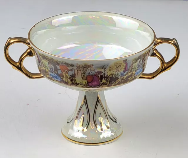 VTG Double Handle Pedestal Porcelain Cup Compote Victorian Scenes Lusterware JPN