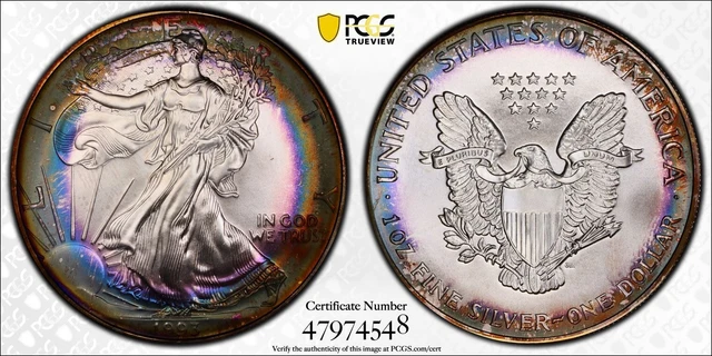 1993 MS68 American Silver Eagle PCI Rainbow Toned PCGS +Video
