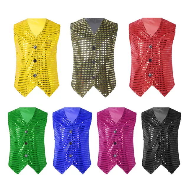 Kids Boys Girls Glittery Sequin Button Vest for Stage Performance Show Dancewear