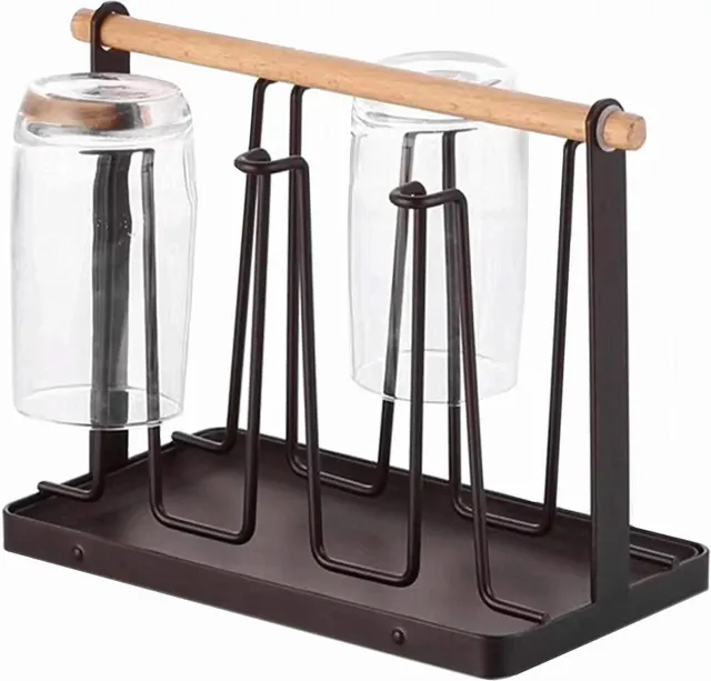 6 Cups Mug Glass Stand Holder Metal,Cup Drying Rack Stand with Drain Tray,Cup Ha