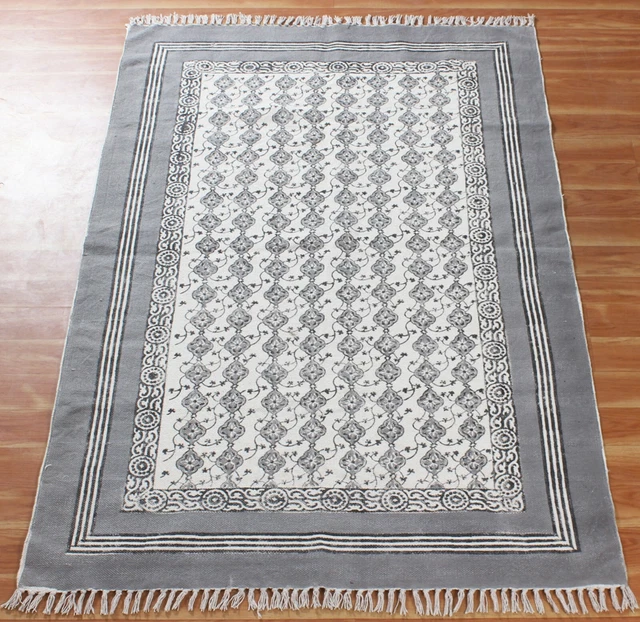 Gris Coton Tapis Handmade Durrie Bloc Imprimé Décor Maison 2x3 Zone