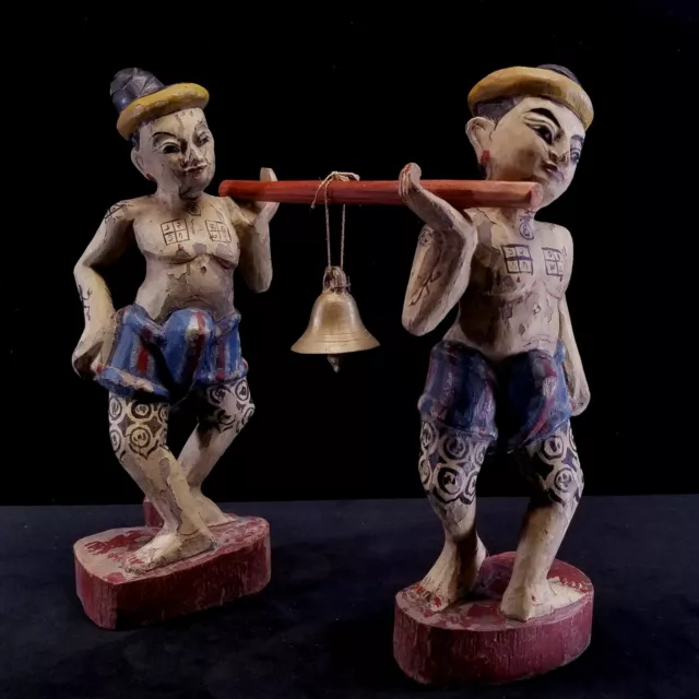 Vintage Burma Myanmar 2 Hand Carved & Painted Wood Figures Carrying A Bell 12"