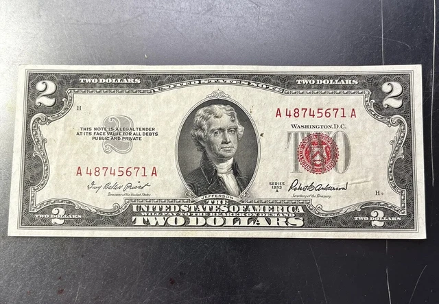 1953-A $2 Two Dollar US RED SEAL Jefferson Note Bill US Currency Crisp Fine $2