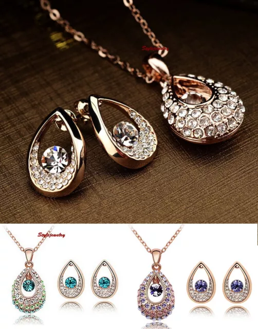 Rose Gold Plated Women's Bridal Teardrop Set Made With Swarovski Crystal XS34