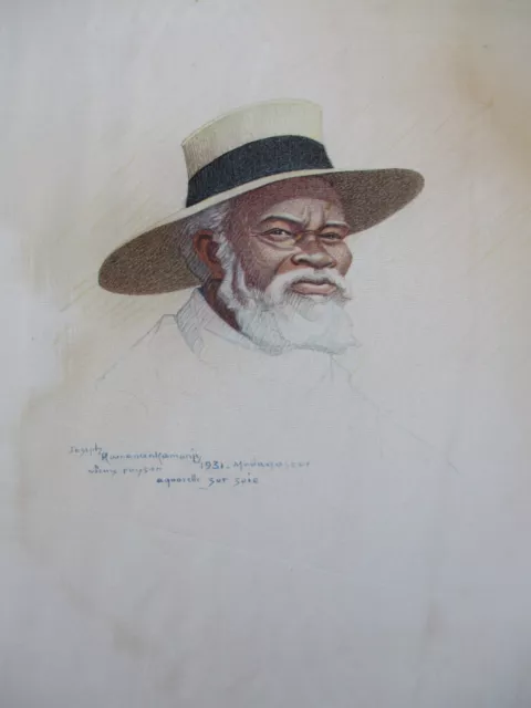 Joseph RAMANANKAMONJY.Aquarelle sur soie.Personnage.Vieux Paysan,MADAGASCAR,1931