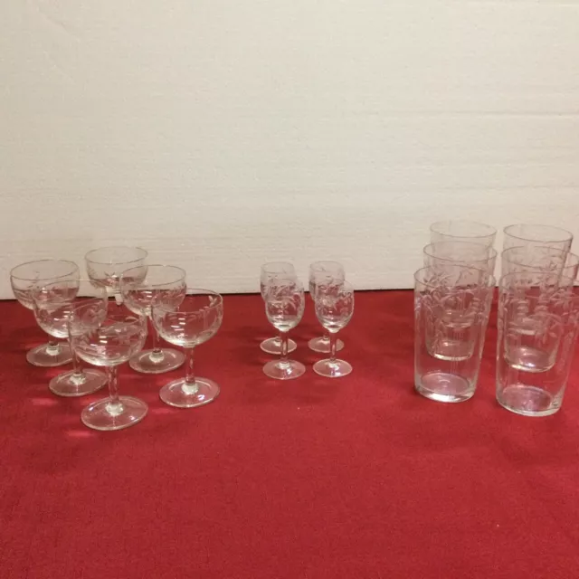 VTG Finelspa Spain sets of "Bubbles Rising" Etched Floral Stemware in 3 styles