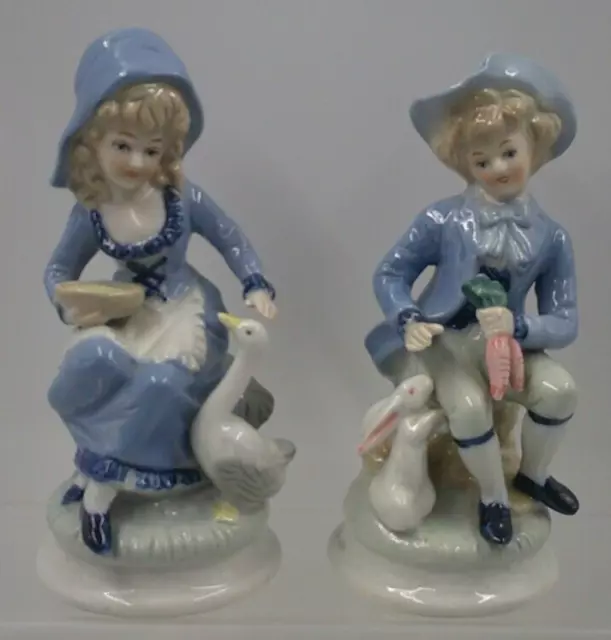 Dutch Porcelain Figurines (Set of 2) Girl with Goose and Boy with Rabbit