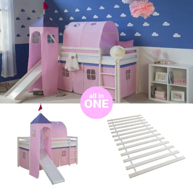 Lit superposé 90x200 Cadre de Lit d'enfant Tunnel Tour Rose Lattes Homestyle4u