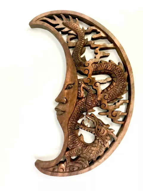 Dragon & Crescent Moon Wall Art Plaque Panel Hand Carved Balinese Wood carving