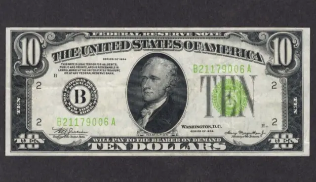 1934 $10 Ten Dollar Bill "Gold of Demand" Lime Green Seal S494