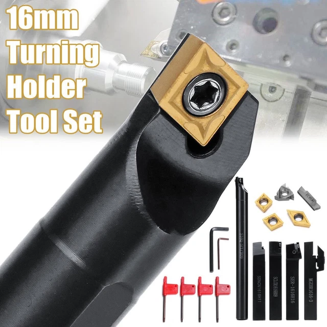 Utensili da Tornio + Inserti Carburo CNC Mano 16mm Codolo + 5x Chiavi