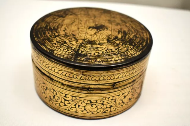Antique Burmese Betel Nut Box Gilt Lacquerware Myanmar Floral Gold Painted King"