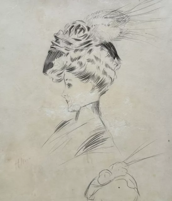 Dessin Ancien Portrait Élégante Profil Jeune Femme Chapeau Fusain Signé HELLEU 3