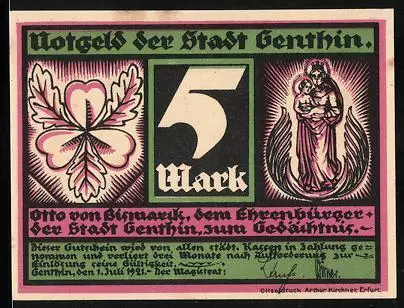 Notgeld Genthin 1921, 5 Mark, Heiligenbild und Bismarck, dem Ehrenbürger der St