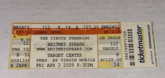 4/3/09 Britney Spears Circus Tour Concert Ticket Stub Minneapolis Target Center
