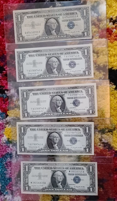 Lot Of 5 1957a 1957b Blue Seal Silver Certificate $1 Bills Dollar