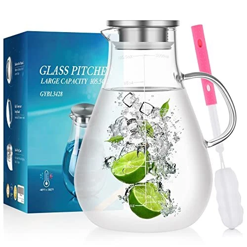 BELIBUY Carafe en verre avec couvercle, carafe à eau 3 l en verre borosilicate r
