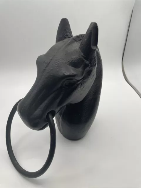 Vtg Cast Iron Horse Head Hitching Post Black With Mouth Ring Garden Fence 8.5" T