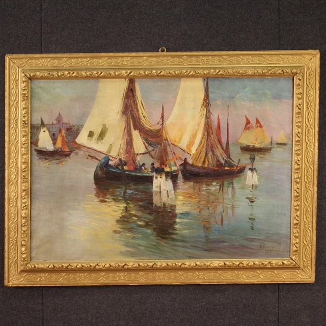 Marine signé et daté 1926 tableau huile sur toile peinture paysage mer bateaux