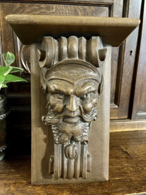 Antique French Carved Wood Corbel Shelf Bracket Gothic Gargoyle Satyrical Face