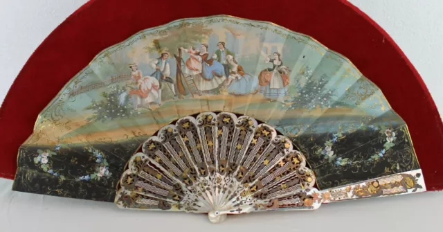 Superb Antique French Carved Mother Of Pearl Hand Painted Paper Scene Fan