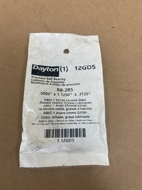 DAYTON 1ZGD5 Precision Ball Bearing DBL Seal  1/2” Bore R8-2RS