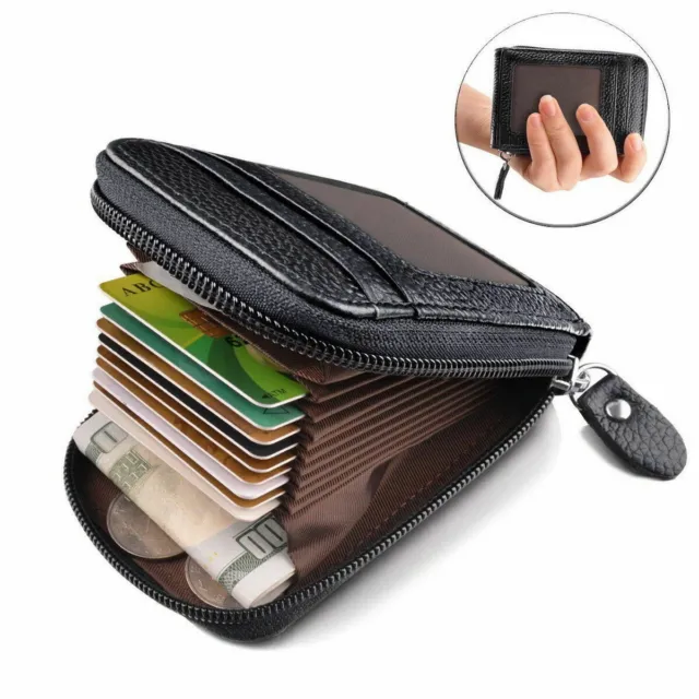 Genuine Leather Men Wallet Credit Card Holder RFID Blocking Zipper Pocket Thin