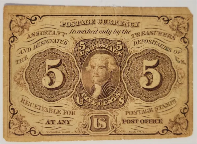 U.S. FIRST SERIES 1862, 5 CENTS , Washington Fractional Currency Bank Note P97