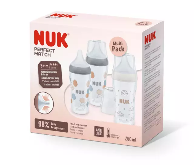 NUK Perfect Match Multipack, 3er Flaschen-Set, mit weichem Silikon-Trinksauger,