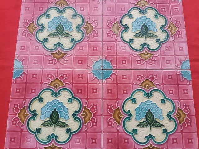 4 Piece Art Deco Floral Embossed Design Majolica Ceramic Tiles Japan 0287 3