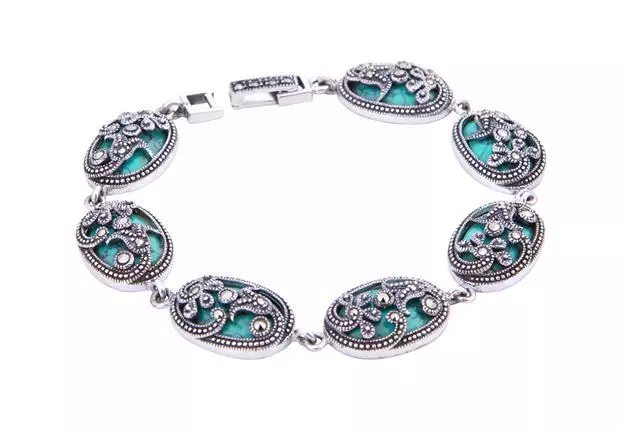 Argent Sterling Marcassite & Turquoise Déguisement Bracelet