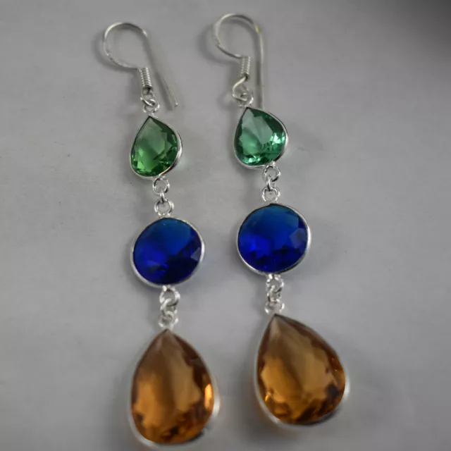 Plata de Ley Citrino & Verde Amatista a Mano Hermoso Precioso Pendientes Regalo