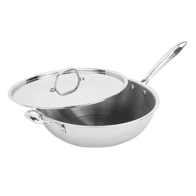 Royalford 30cm Wok Pan With Lid Stir Frying Induction Suitable Stainless Steel