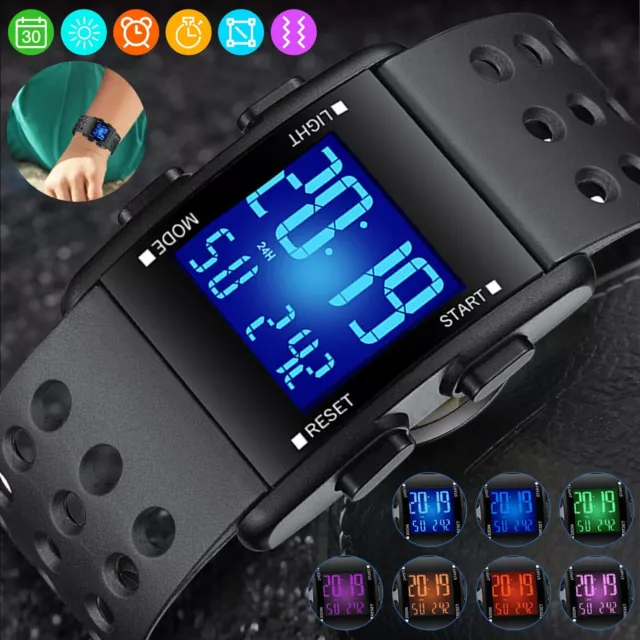 Reloj electrónico digital fecha hombre pulsador resistente agua deportiva militar