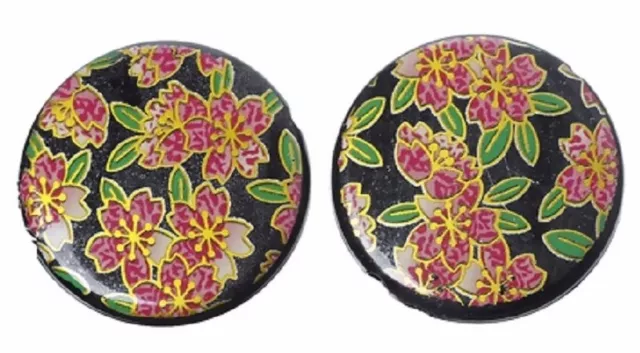 PA04 / LOT de 2 PERLES RONDES PLATES ACRYLIQUES ** 27 mm ** FLEURS JAPONAISE