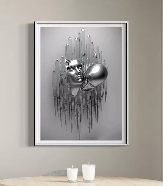 Silver Metallic 3D effect Lovers Faces Heads Canvas Wall Art or Poster Print