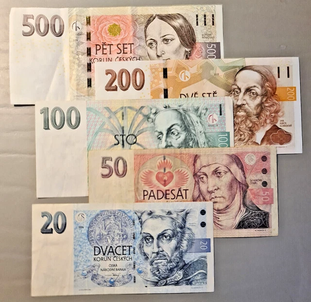 5x banknotes Czech Republic Czechia 20 50 100 200 500 korun Czechoslovakia lot