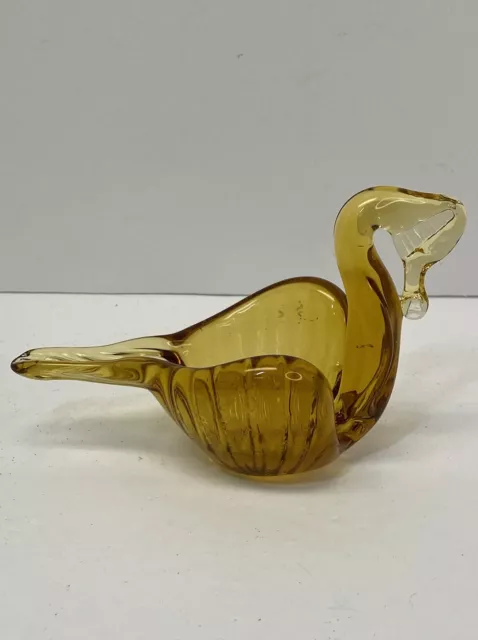 Vintage Glass Amber Swan Hand Made - Nut Trinket Candy Dish - 4 inch