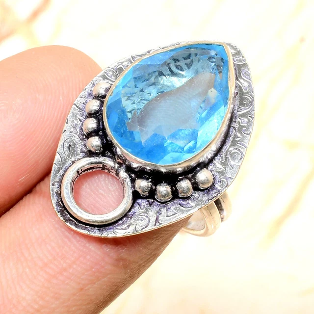 Swiss Blue Topaz Gemstone Handmade Gift Jewelry Ring Size 5.5 H844
