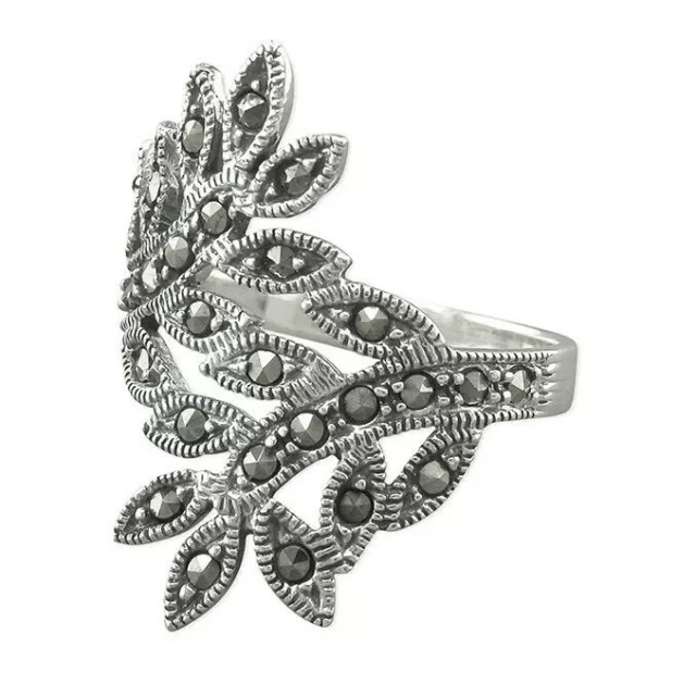 Marcasite Crossover Leaves Ring Solid Sterling Silver 925 Hallmark Size M - R