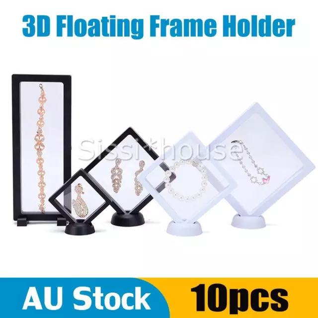 10 Pack 3D Floating Frame Holder Stand Box Clear Jewelry Ring Coin Display Case