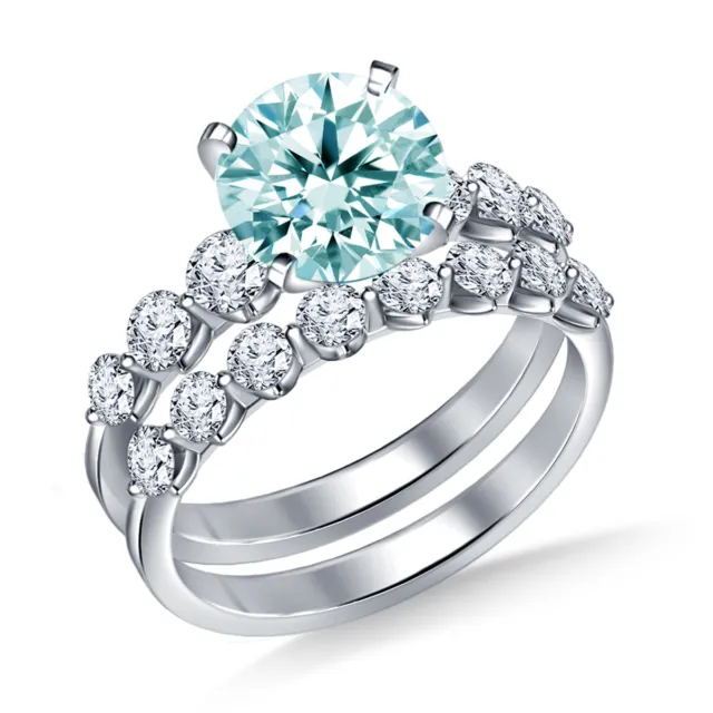 3.04 Ct Vvs1~Blue White Moissanite Diamond Round Matching Bridal Set Silver Ring