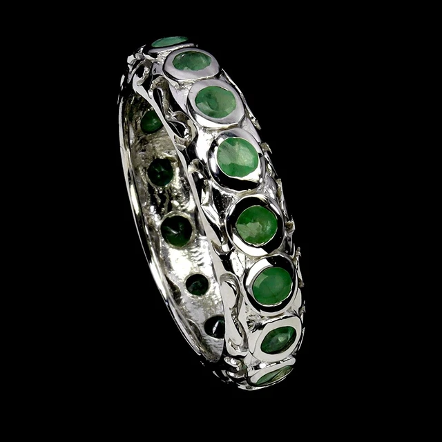 Bague En Argent 925 Avec émeraude Naturelle Ronde - Taille 8, Sertie Or 14K, Neuf Sans Emballage