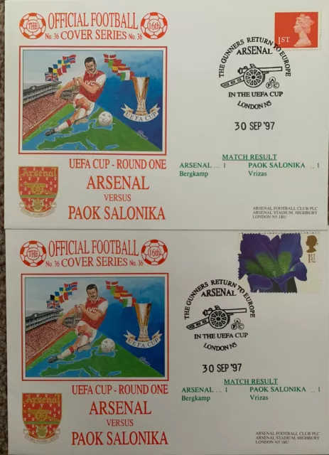 2 X Arsenal V Paok Salonika Uefa Cup 1997 First Day Covers