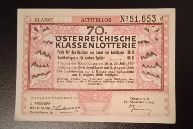 Lotterielos, Achtellos der 70. Österr. Klassenlotterie, 1960