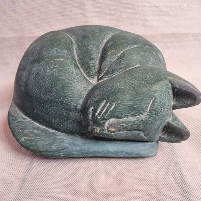 Vintage Hand Carved Wooden Sleeping Curled Up Cat Figurine Ornament Decor Figure