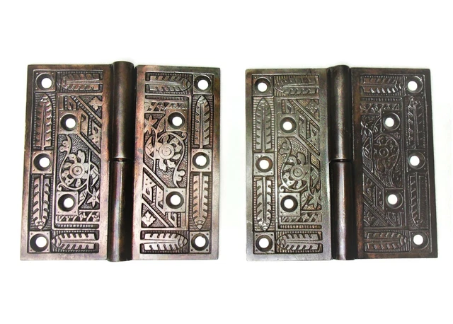 Pair Antique Ornate Eastlake Victorian Cast Iron Door Hinges 4.5" x 4.5"