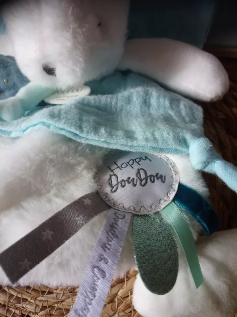 Doudou et compagnie lapin blanc bleu vert marionnette Happy doudou état neuf 2