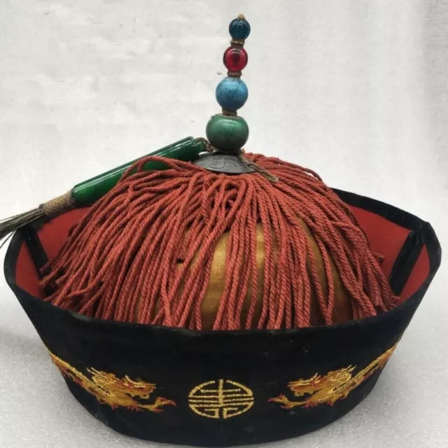 Old Chinese Qing Dynasty Emperor Cap Palace Cloth Embroidery Dragon Totem Hat 2