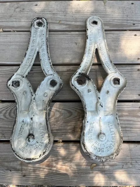 21" ANTIQUE FIRE DOOR HANGERS Vtg Industrial Allith Sliding Barn Roller Hardware